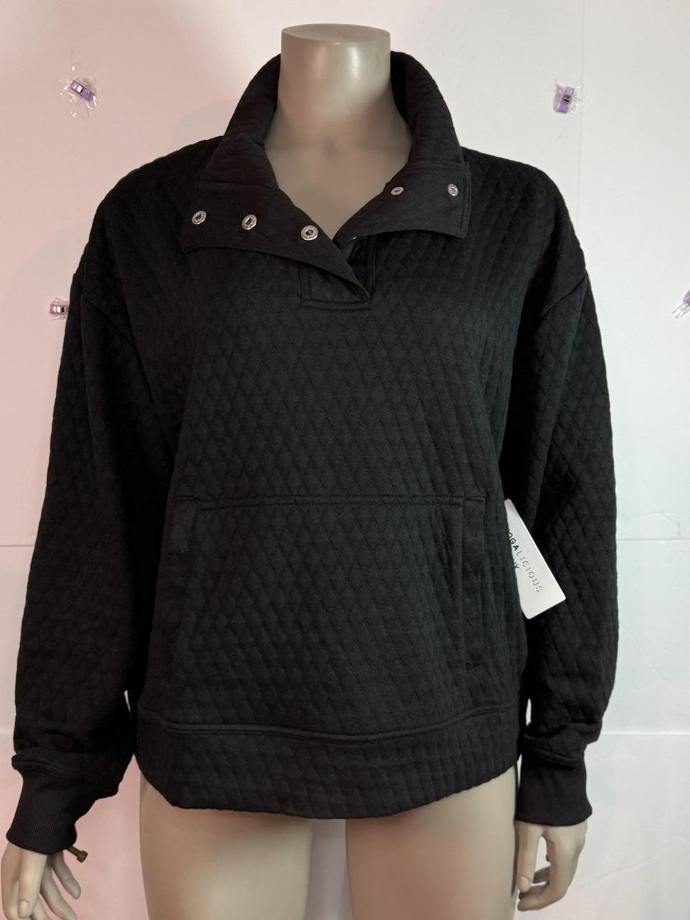 Yogalicious Black Quilted Snap-Front Pullover Hoodie